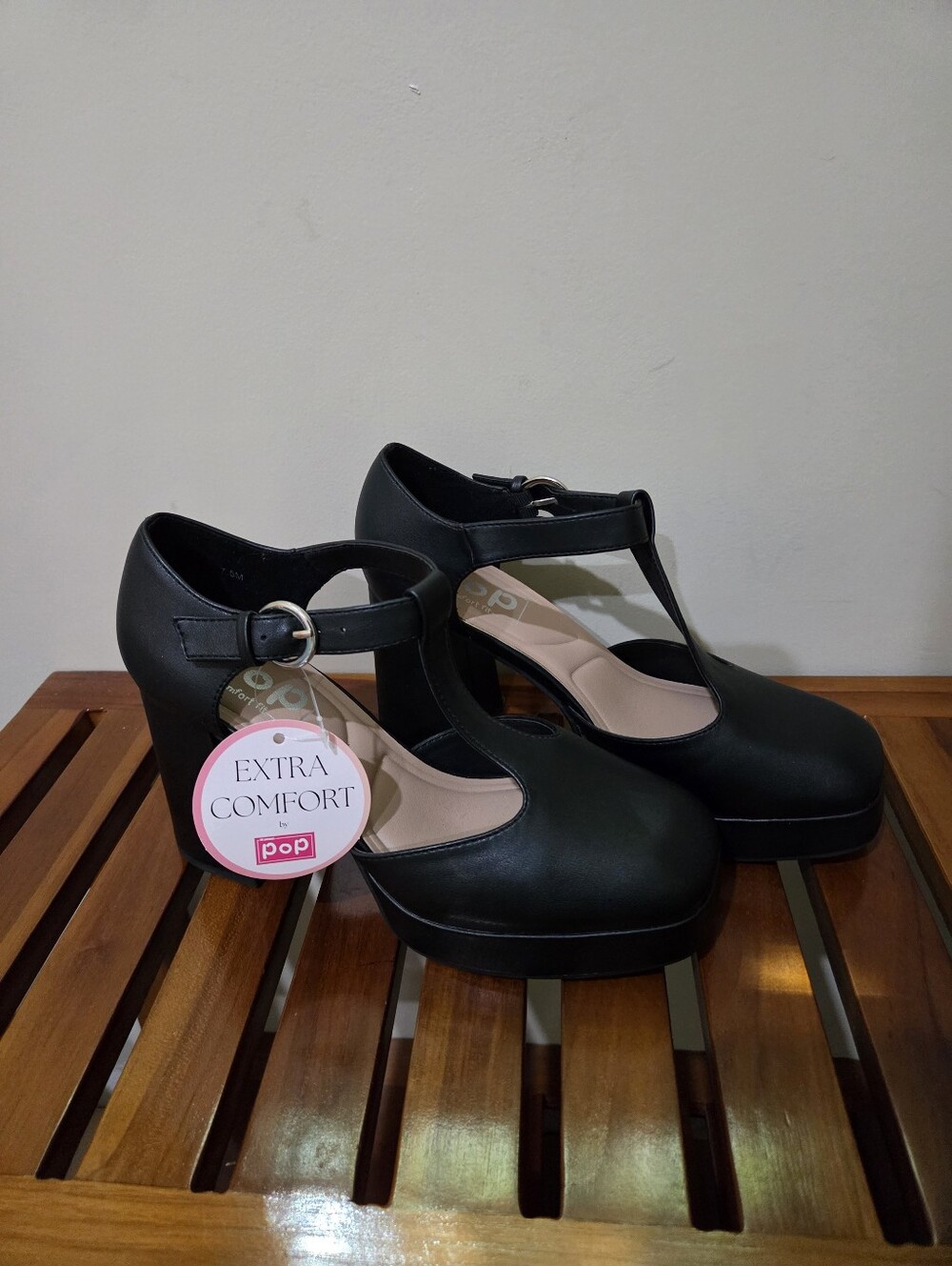 pop Black T-Strap Platform Heels with Ankle Buckle Size 7.5 NEW